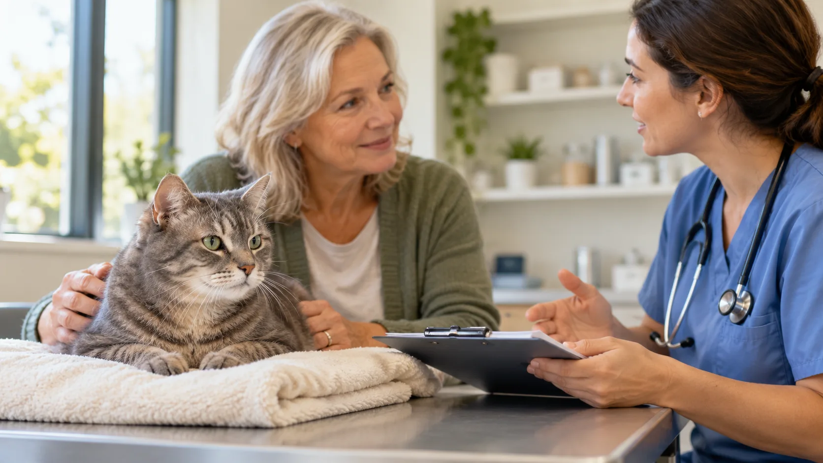 Veterinarian discussing care with an older owner holding a tabby cat